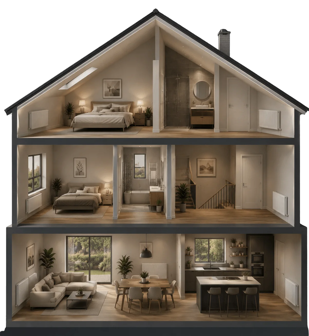 Doorsnede van een huis met radiatoren in de woonkamer, op de overloop en in de slaapkamer